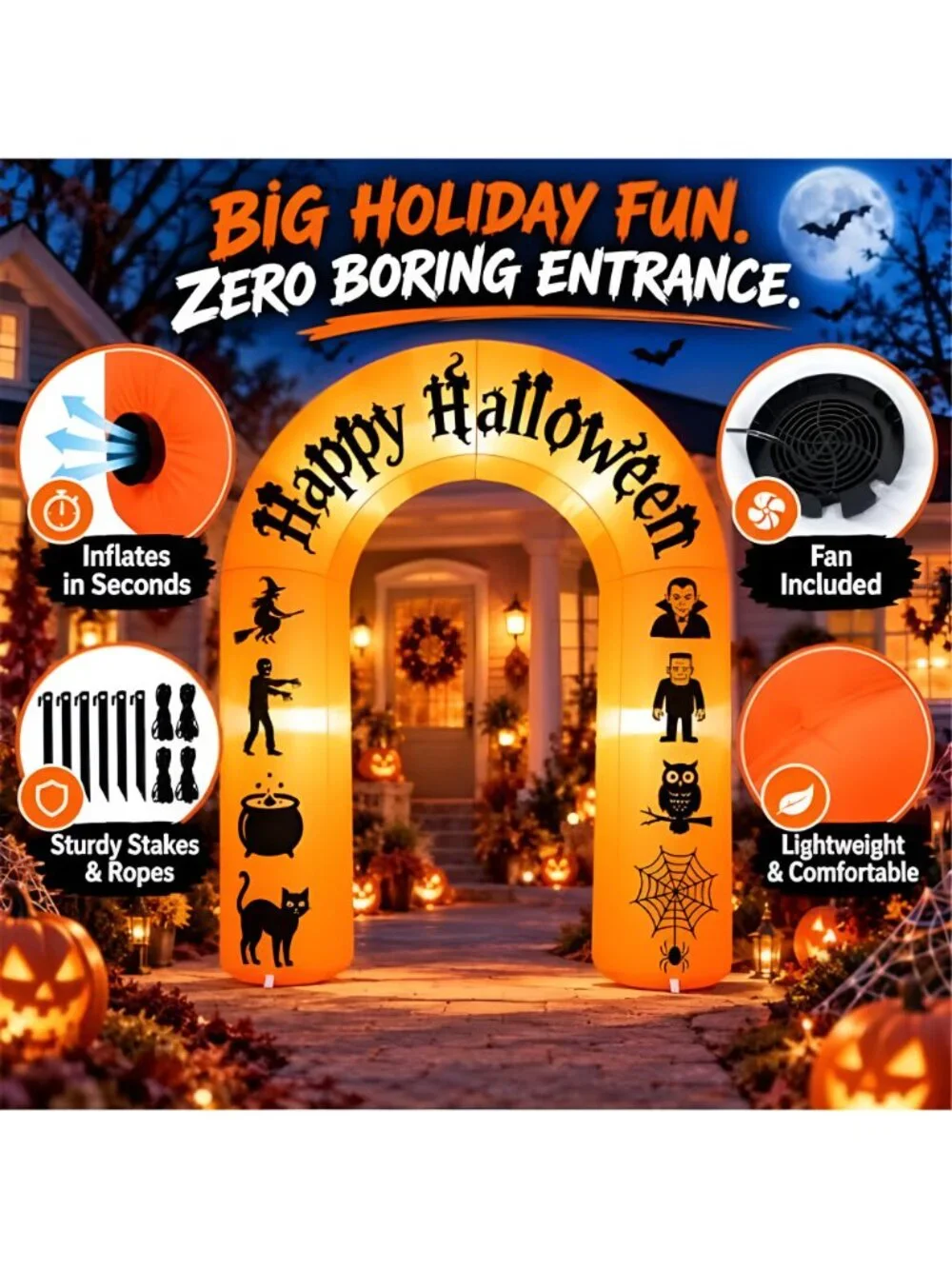 8FT Halloween Inflatable Arch with LED Lights, Orange, Happy Halloween Archway